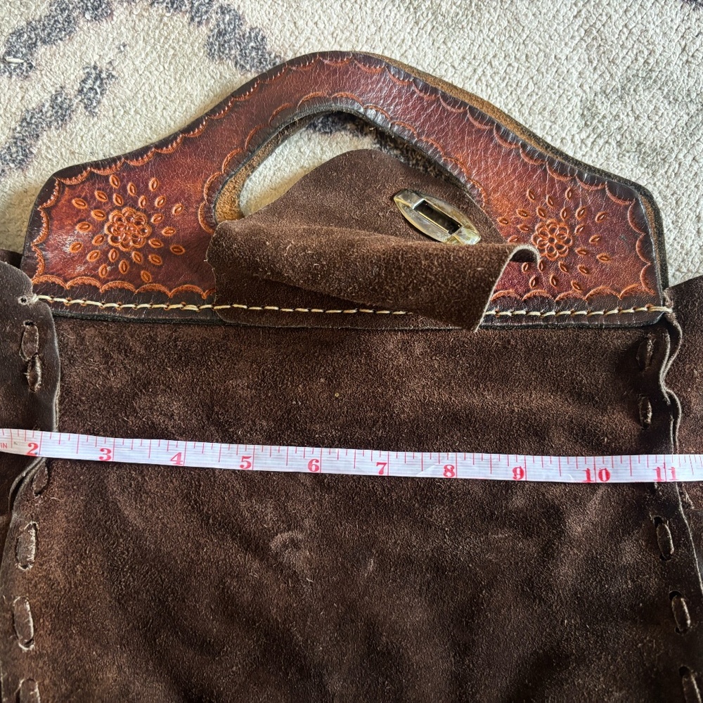 Vintage Brown Suede Leather Handbag with Embossed Top Handles - Picture 8 of 9